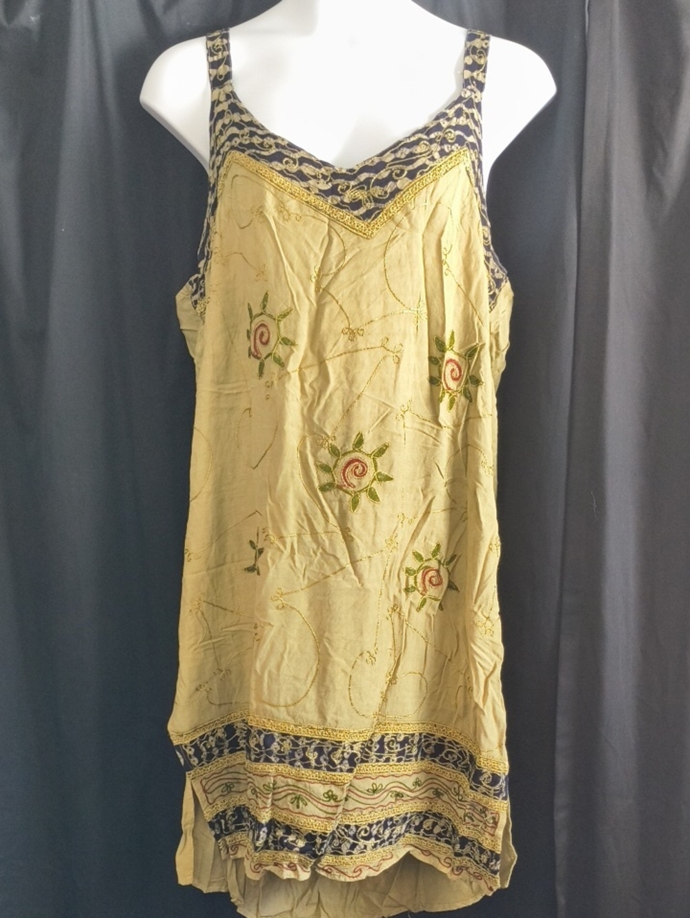 Women's Floral Embroidered Slip Tank Top - Olive Green & Navy #0045